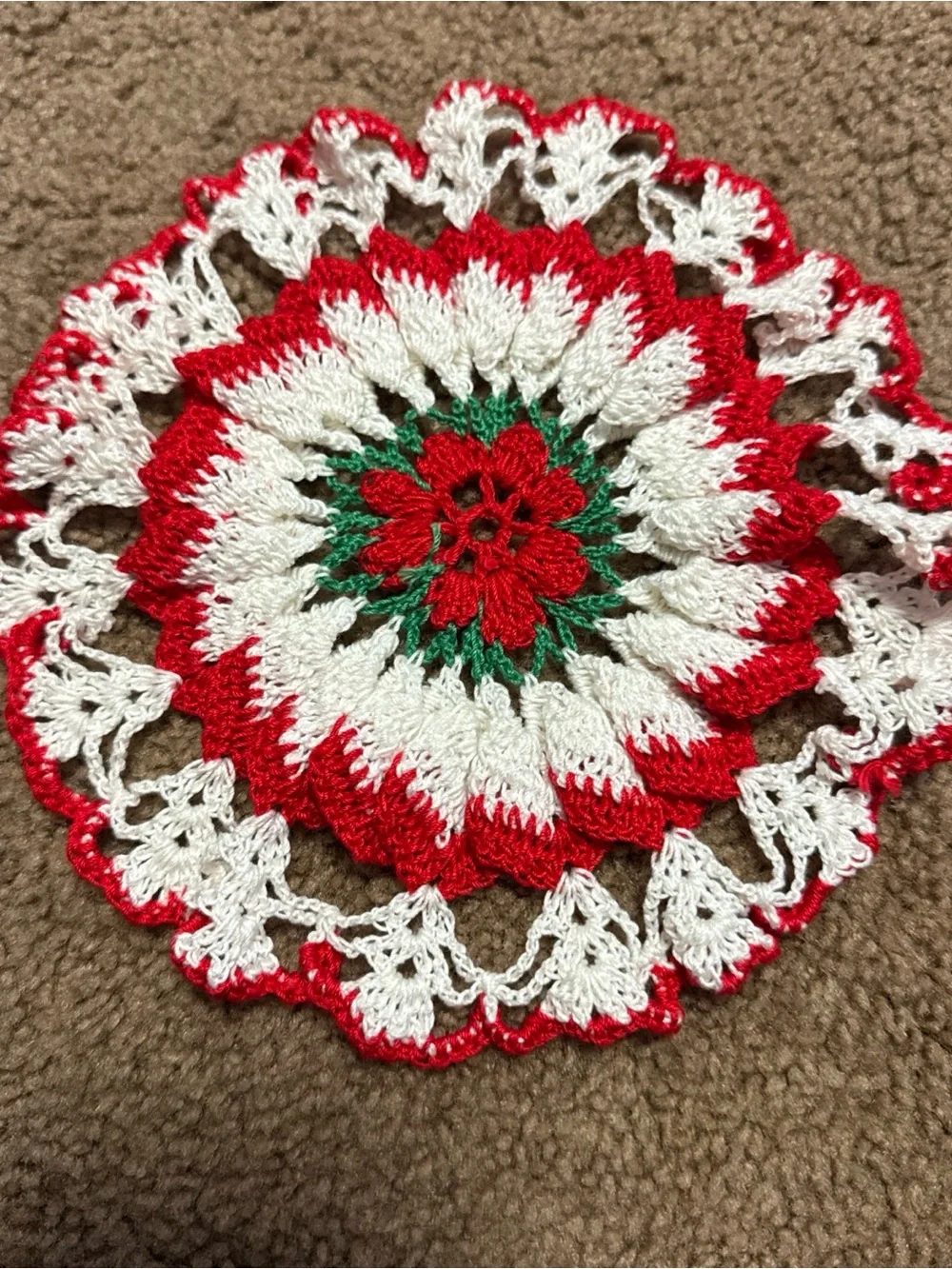 Handmade Holiday Crochet Doily - Red, White & Green